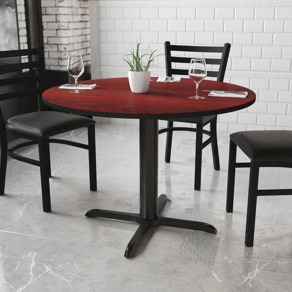42'' Round Mahogany Laminate Table Top with 33'' x 33'' Table Height Base. Picture 2