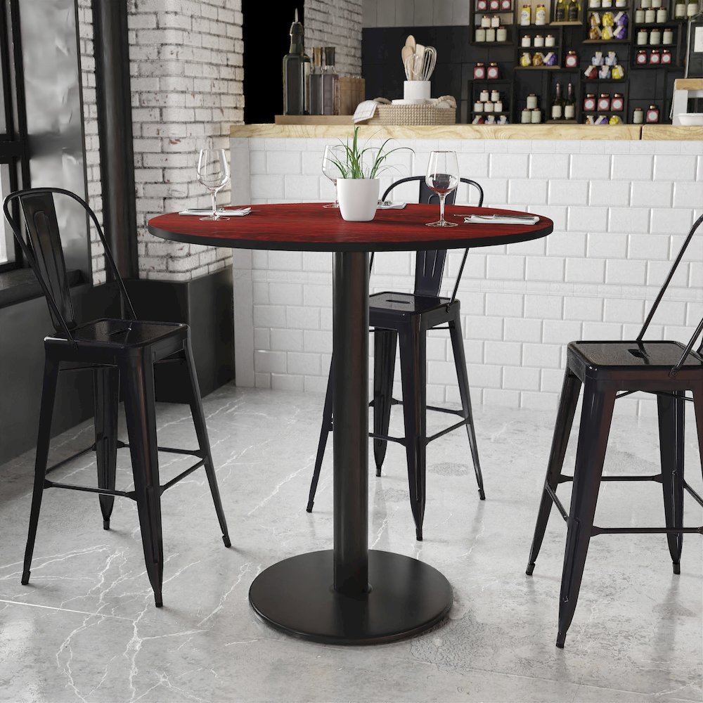 42'' Round Mahogany Laminate Table Top with 24'' Round Bar Height Table Base. Picture 2