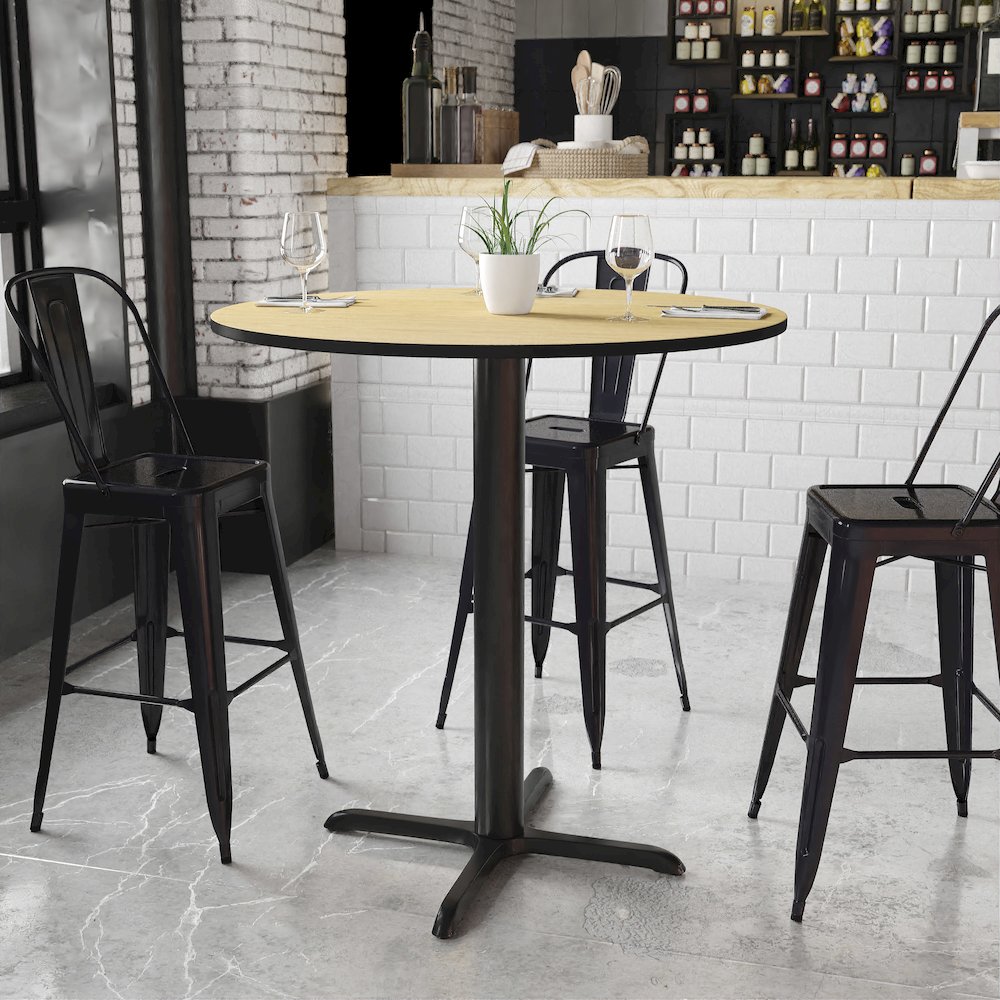 42'' Round Natural Laminate Table Top with 33'' x 33'' Bar Height Table Base. Picture 2