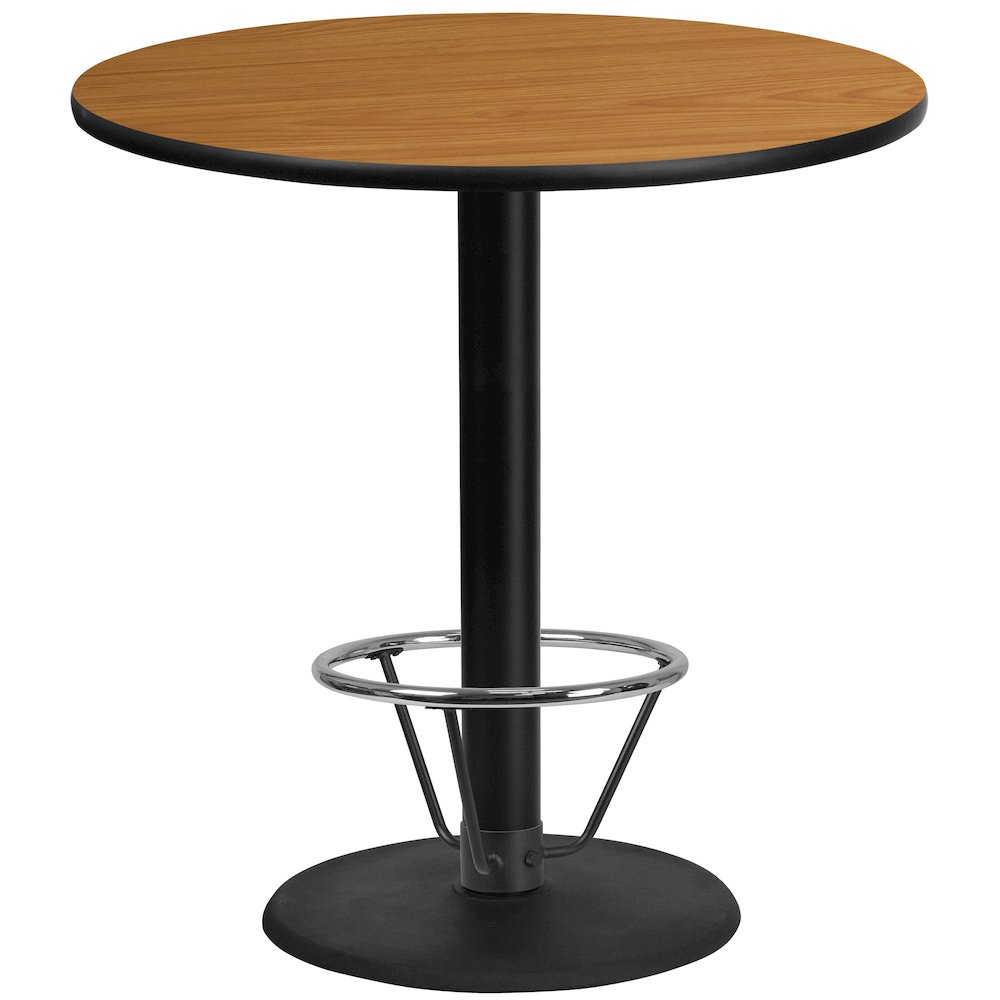 42'' Round Natural Laminate Table Top with 24'' Round Bar Height Table Base and Foot Ring. Picture 1