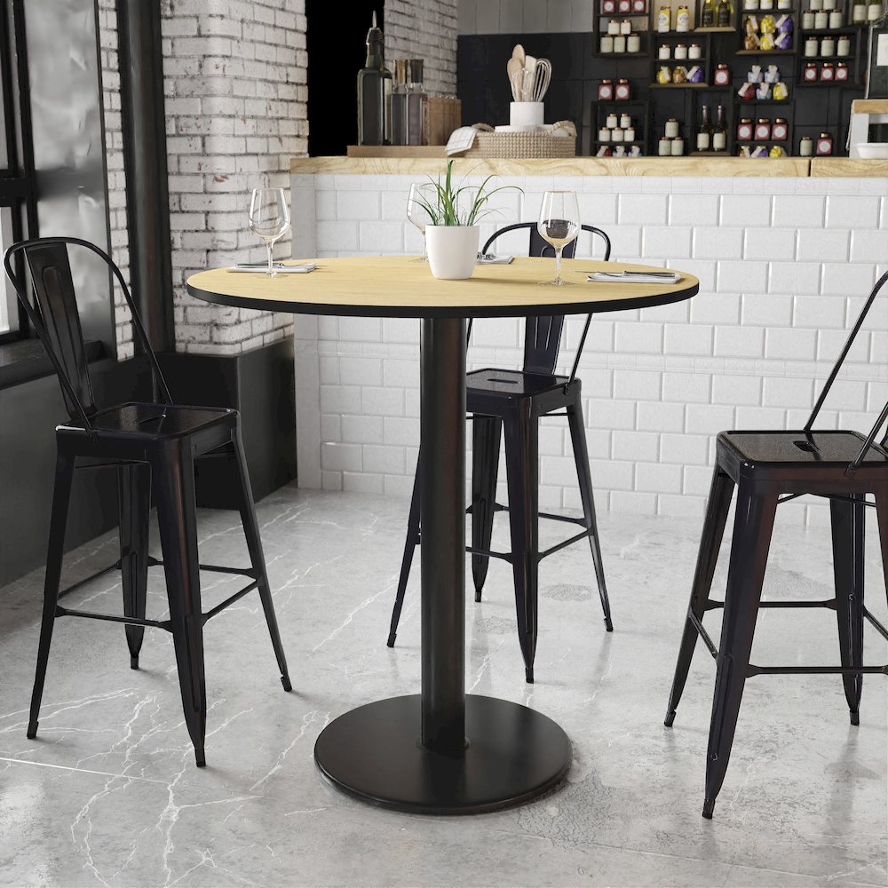 42'' Round Natural Laminate Table Top with 24'' Round Bar Height Table Base. Picture 2