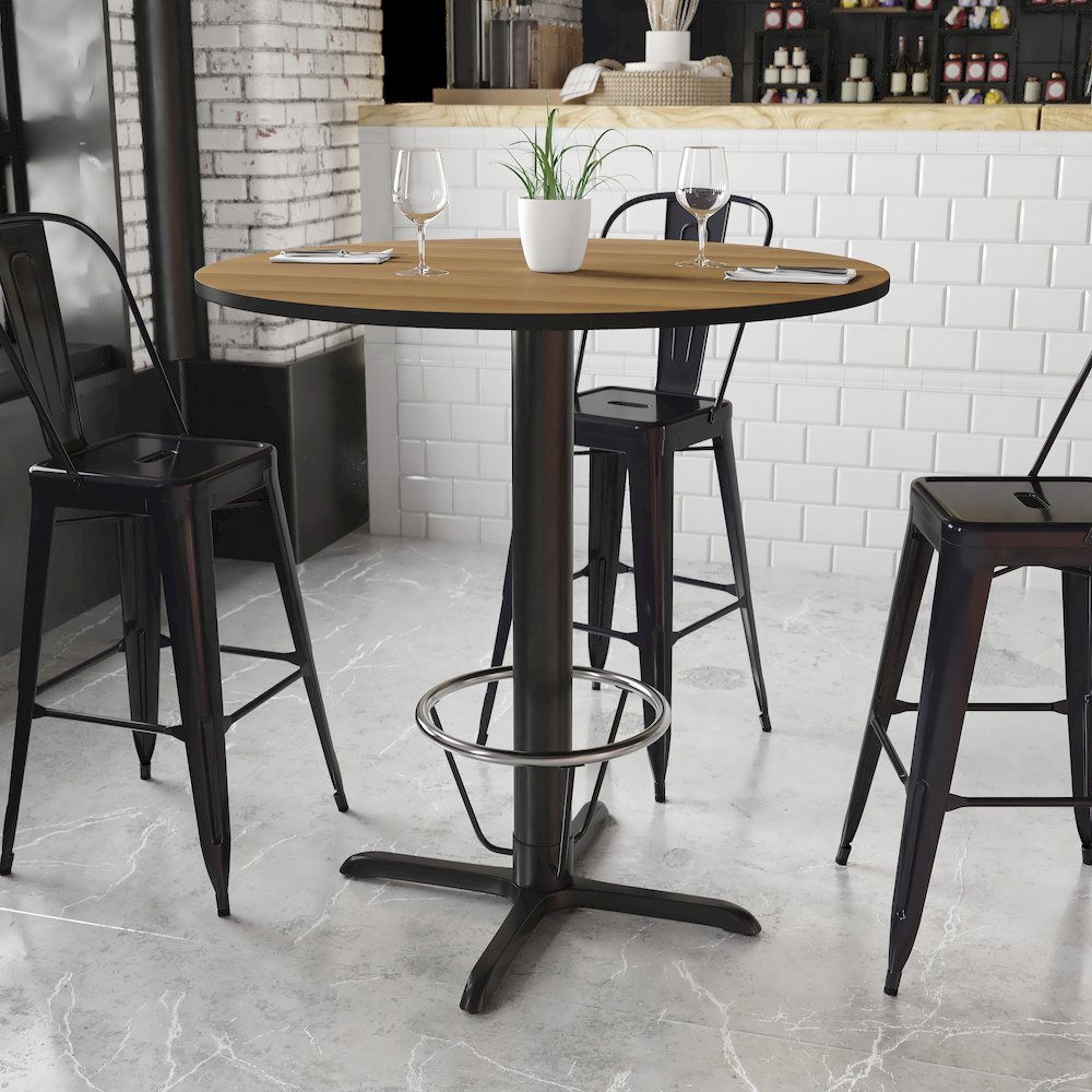 42'' Round Walnut Table Top with 33'' x 33'' Bar Height Table Base and Foot Ring. Picture 2