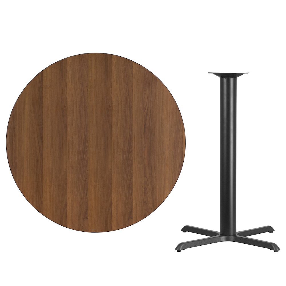 42'' Round Walnut Laminate Table Top with 33'' x 33'' Bar Height Table Base. Picture 4