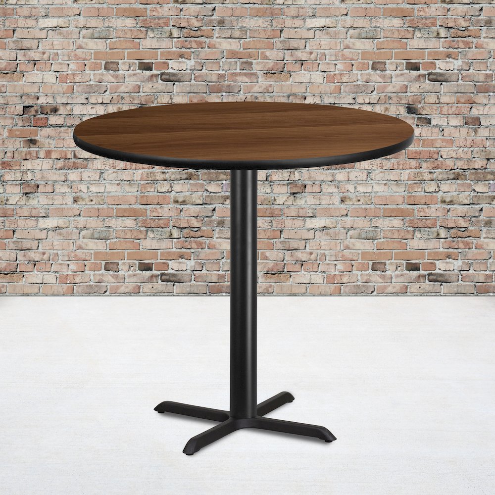 42'' Round Walnut Laminate Table Top with 33'' x 33'' Bar Height Table Base. Picture 2