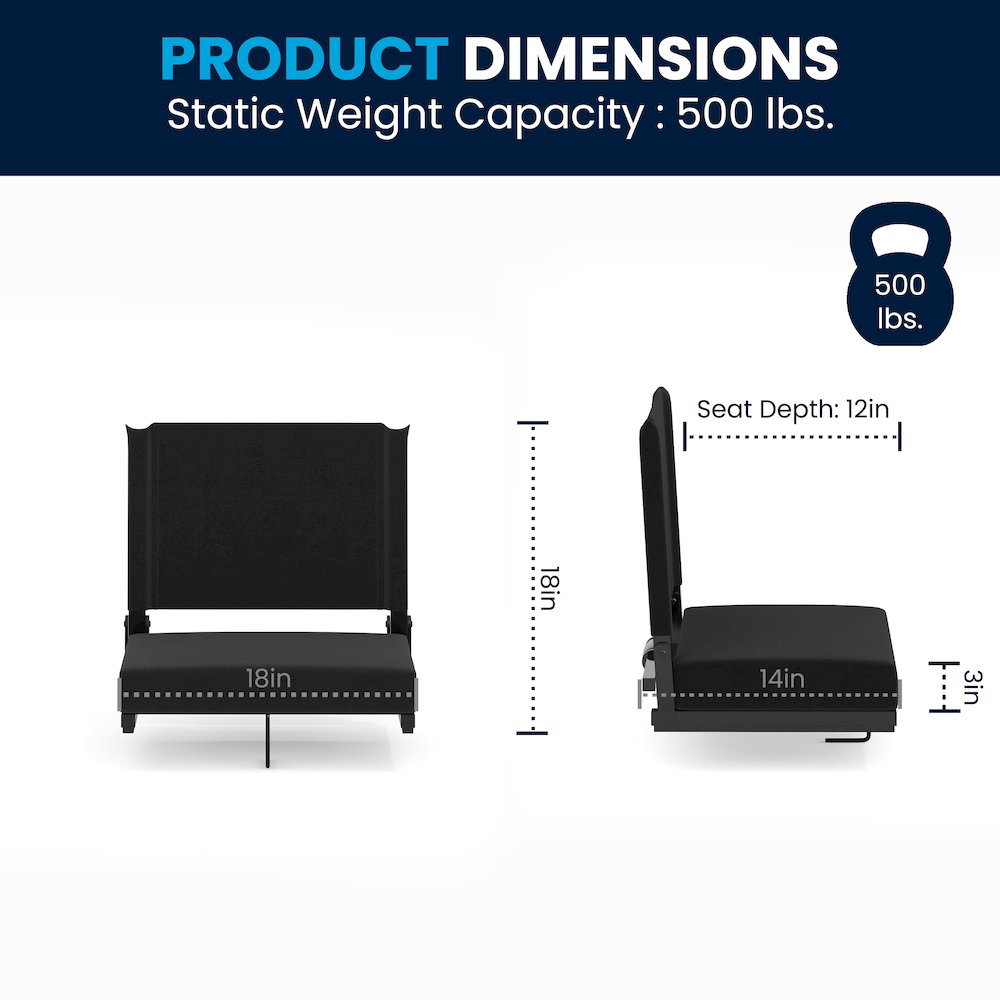 500 lb. Rated Lightweight Stadium Chair with Handle & Ultra-Padded Seat, Black. Picture 2