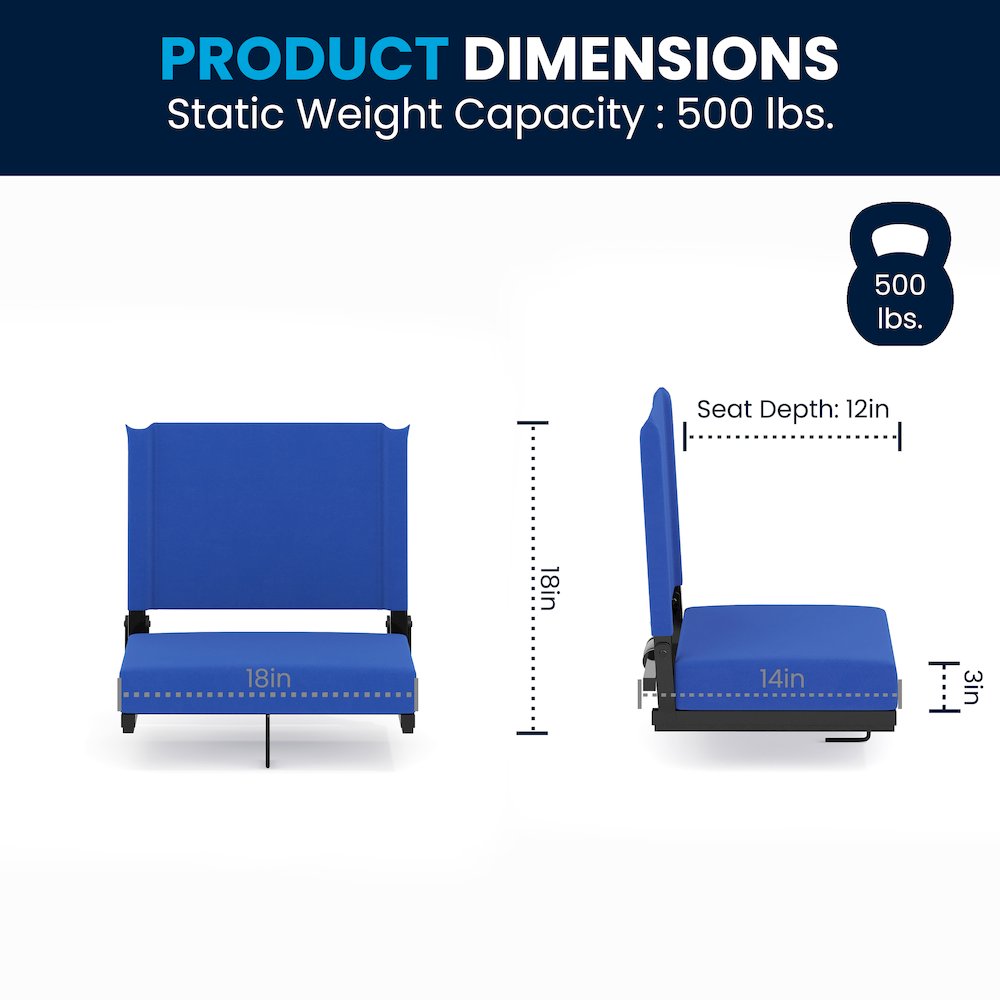 500 lb. Rated Lightweight Stadium Chair with Handle & Ultra-Padded Seat, Blue. Picture 2