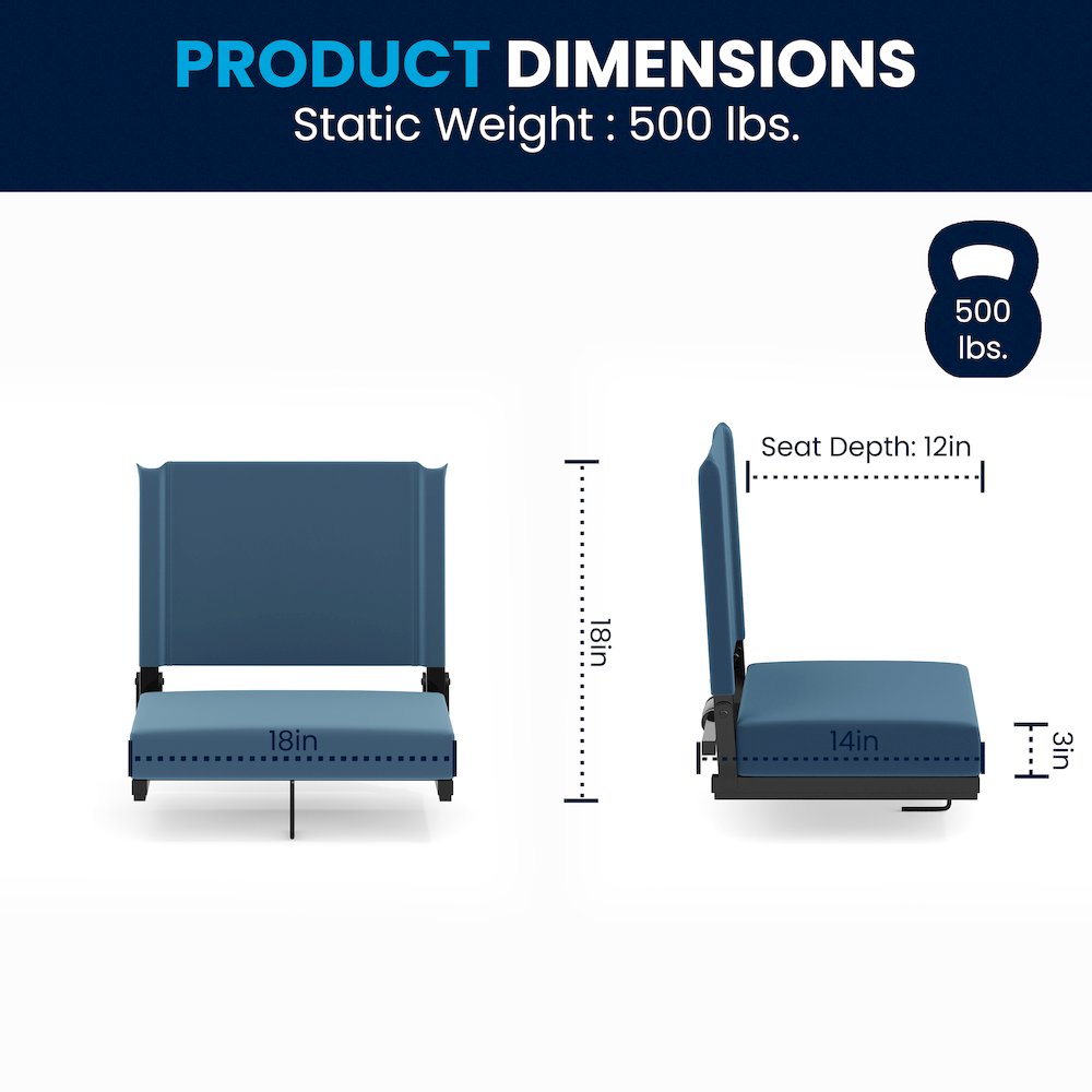 500 lb. Rated Lightweight Stadium Chair with Handle & Ultra-Padded Seat, Teal. Picture 2
