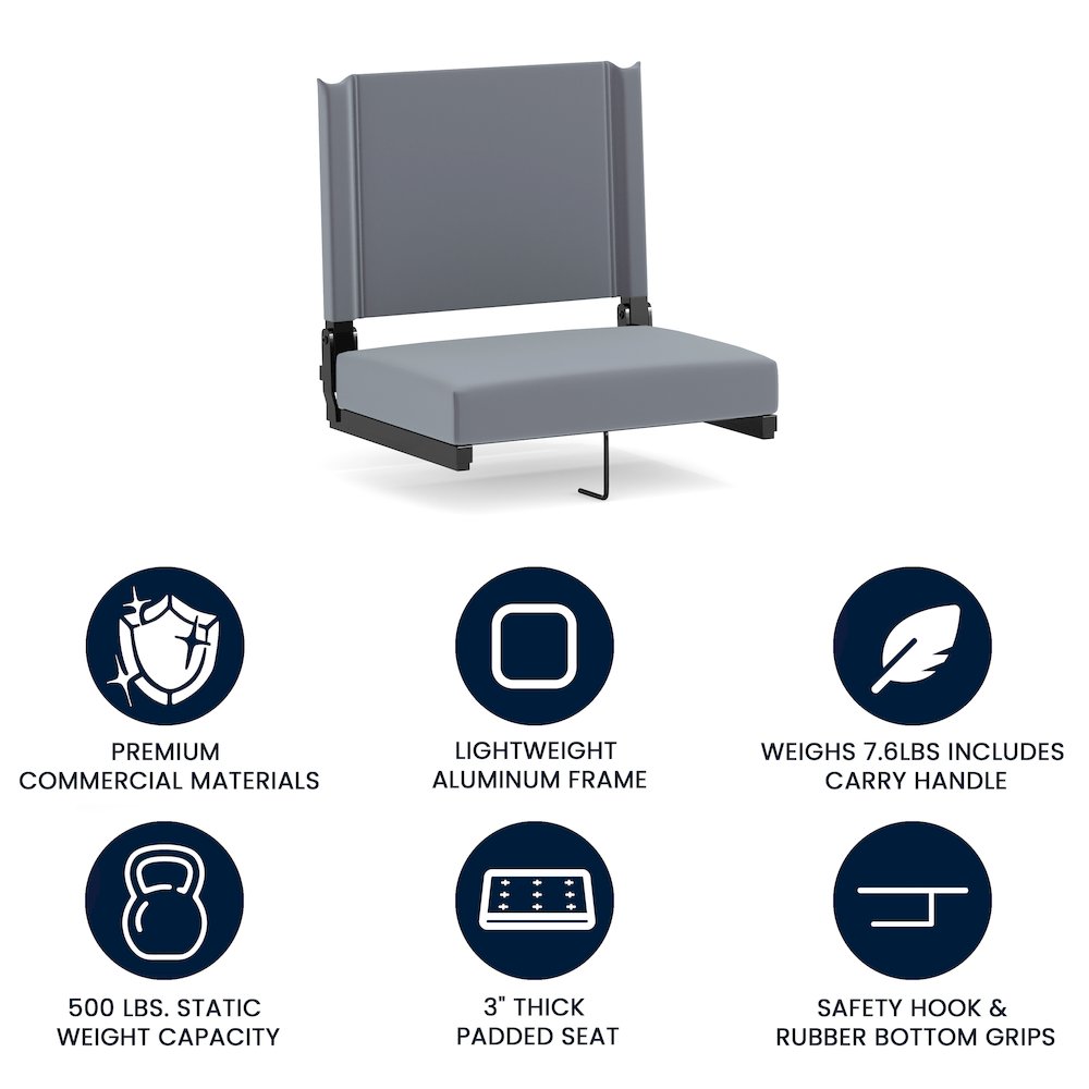 Lightweight Stadium Chair with Handle, Ultra-Padded Seat, Gray. Picture 4