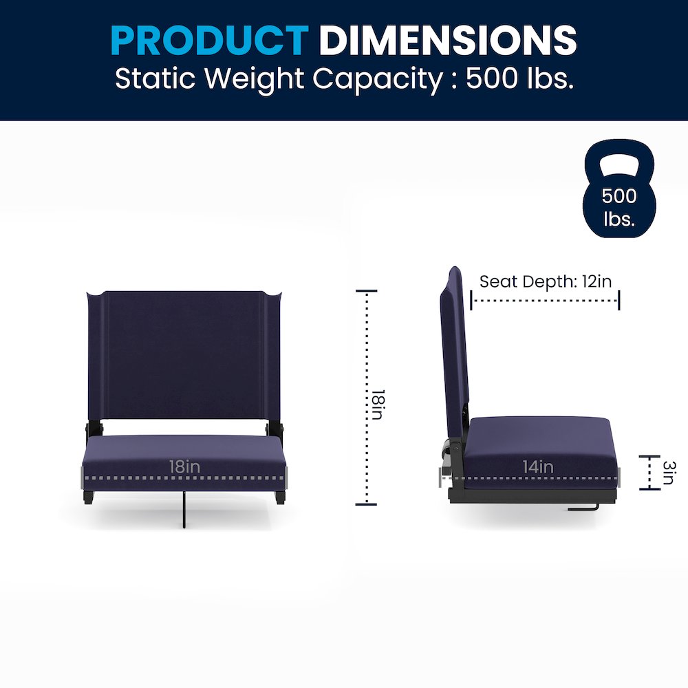 500 lb. Rated Lightweight Stadium Chair with Handle & Ultra-Padded Seat, Navy. Picture 2