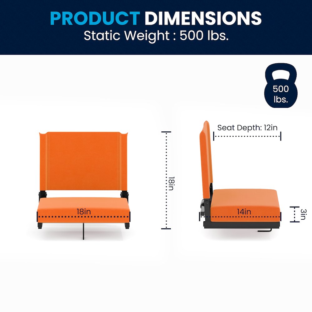 500 lb. Rated Lightweight Stadium Chair with Handle & Ultra-Padded Seat, Orange. Picture 2