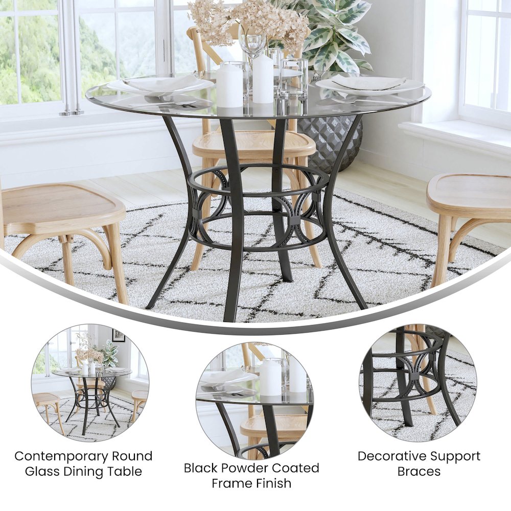 42'' Round Glass Dining Table with Black Metal Frame. Picture 4