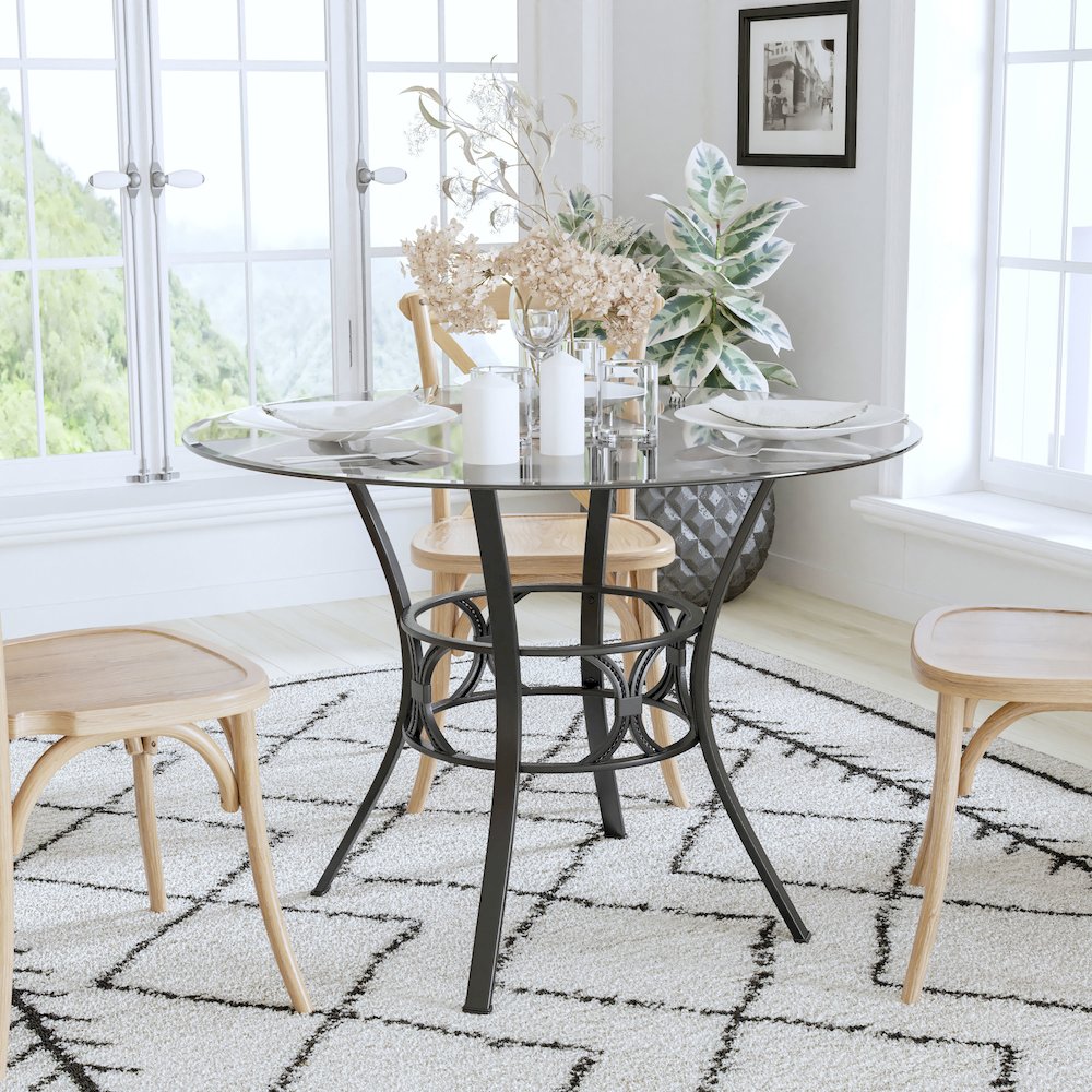42'' Round Glass Dining Table with Black Metal Frame. Picture 2