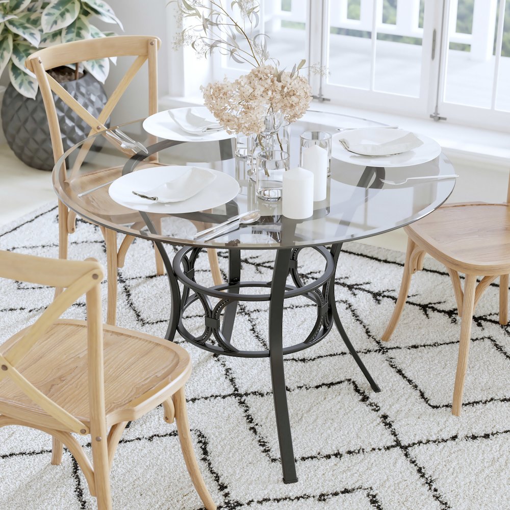 42'' Round Glass Dining Table with Black Metal Frame. Picture 6