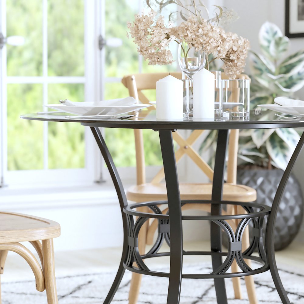 42'' Round Glass Dining Table with Black Metal Frame. Picture 7