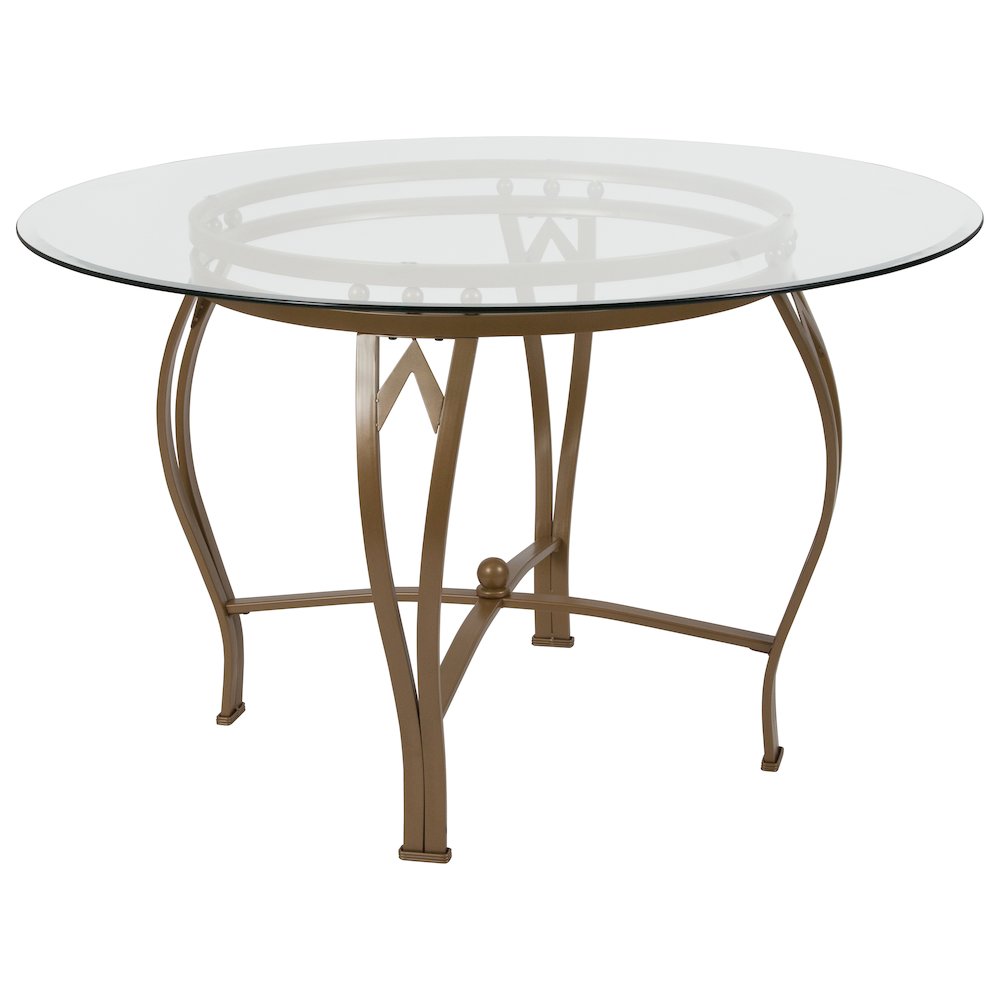 48'' Round Glass Dining Table with Matte Gold Metal Frame. Picture 1