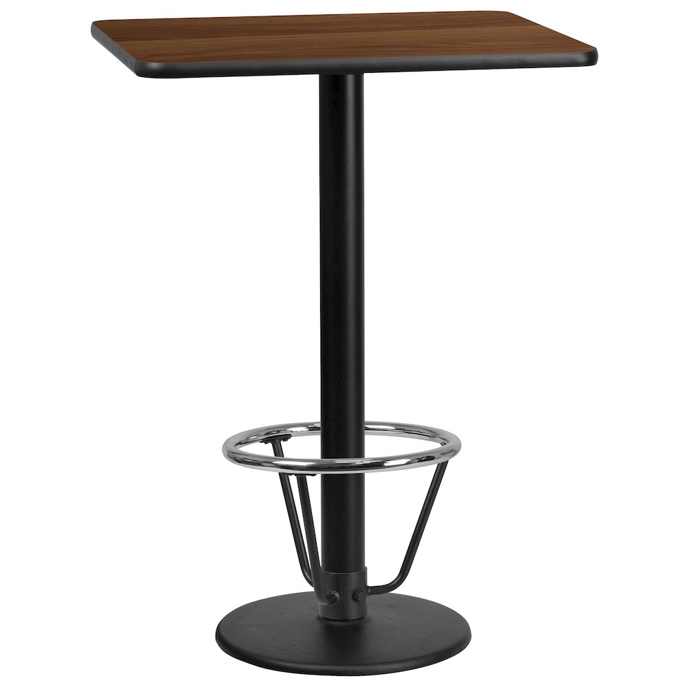 24'' x 30'' Walnut Table Top with 18'' Round Bar Height Table Base and Foot Ring. Picture 1