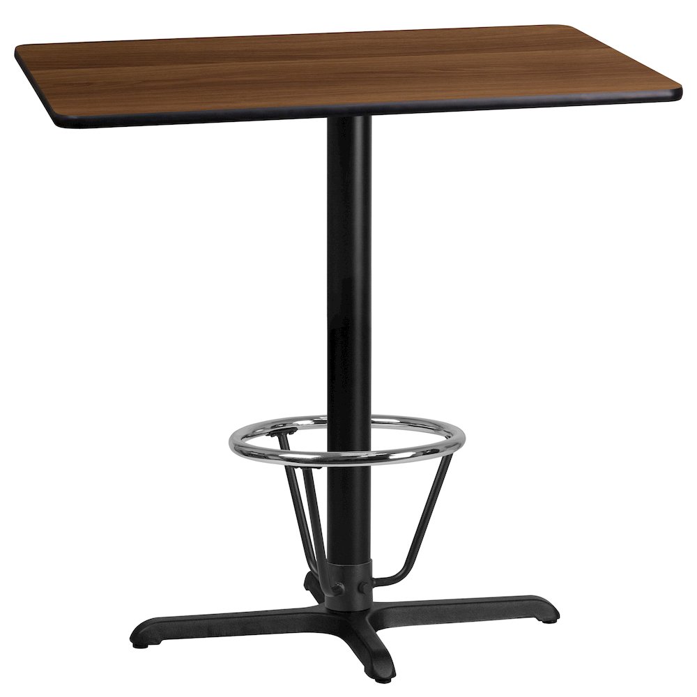 24'' x 42'' Rectangular Walnut Laminate Table Top with 23.5'' x 29.5'' Bar Height Table Base and Foot Ring. Picture 1