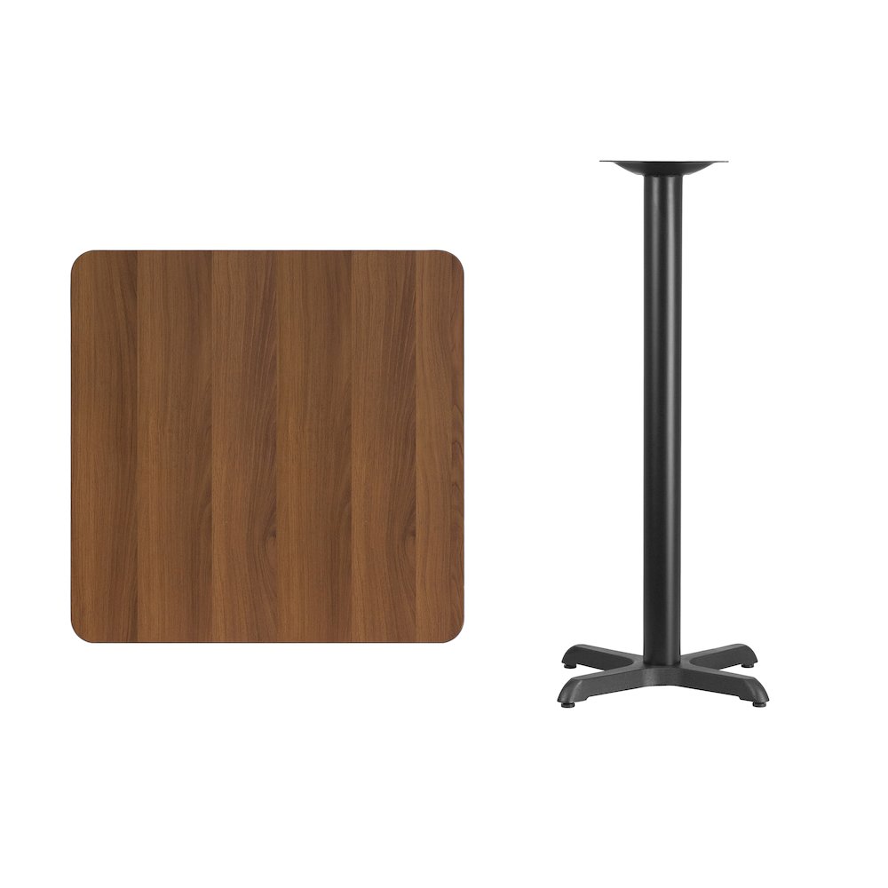 30'' Square Walnut Laminate Table Top with 22'' x 22'' Bar Height Table Base. Picture 3