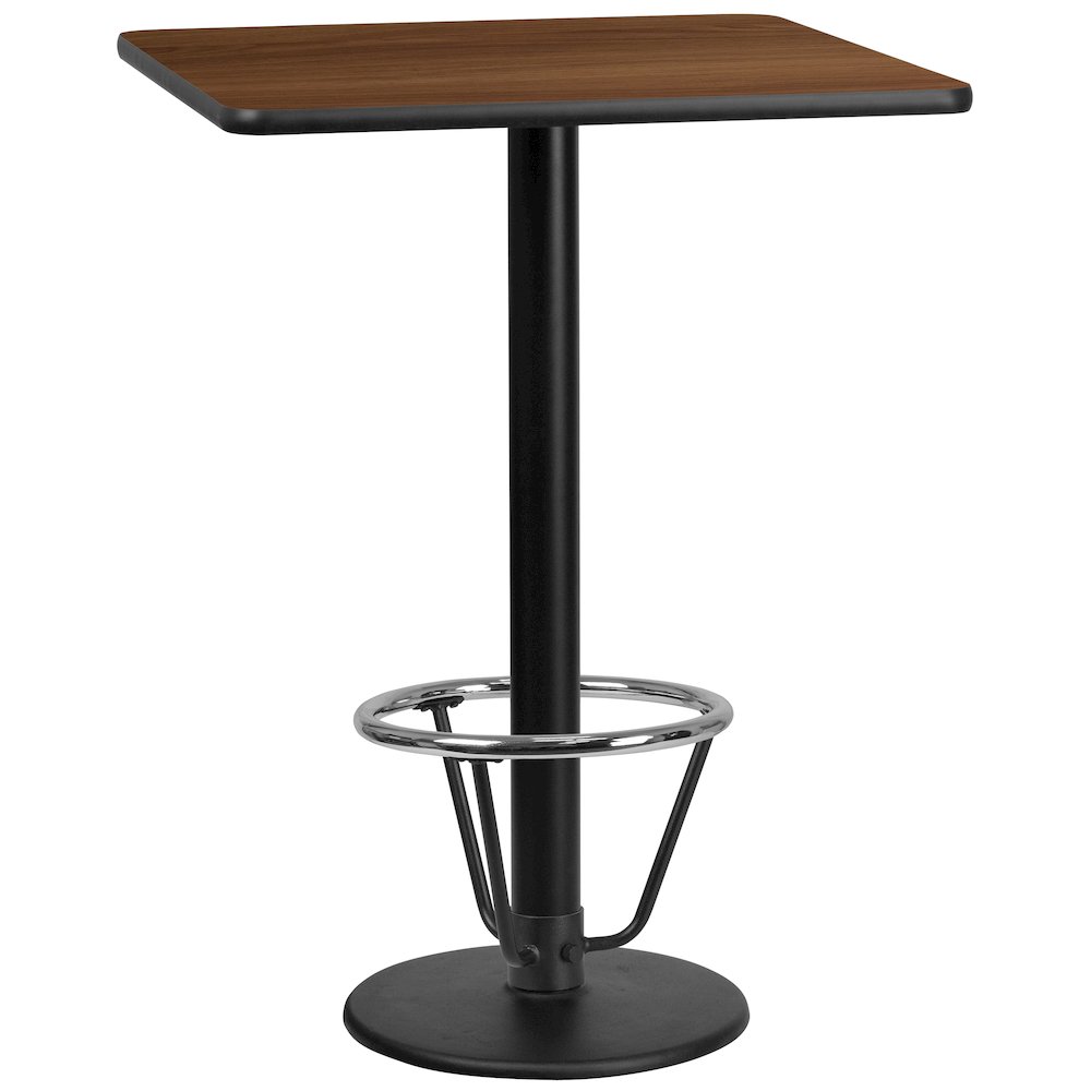 30'' Square Walnut Table Top with 18'' Round Bar Height Table Base and Foot Ring. Picture 1