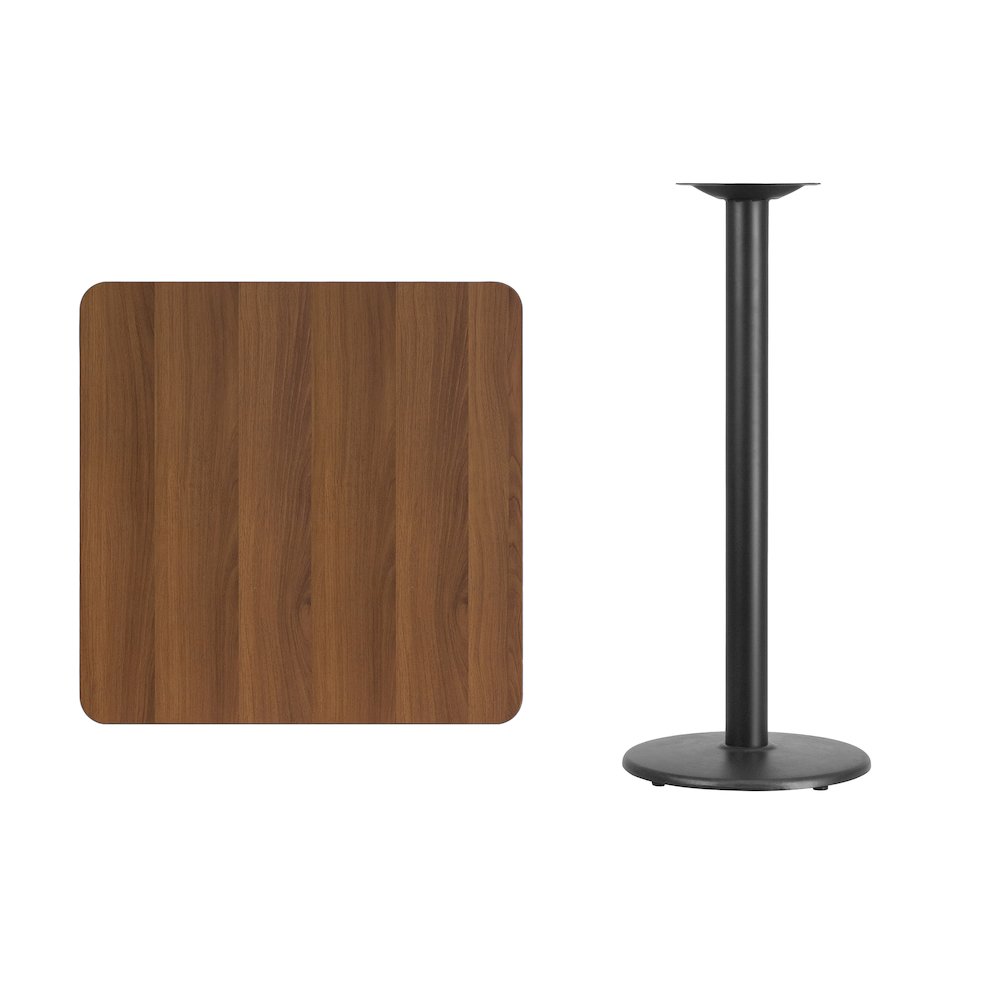 30'' Square Walnut Laminate Table Top with 18'' Round Bar Height Table Base. Picture 2