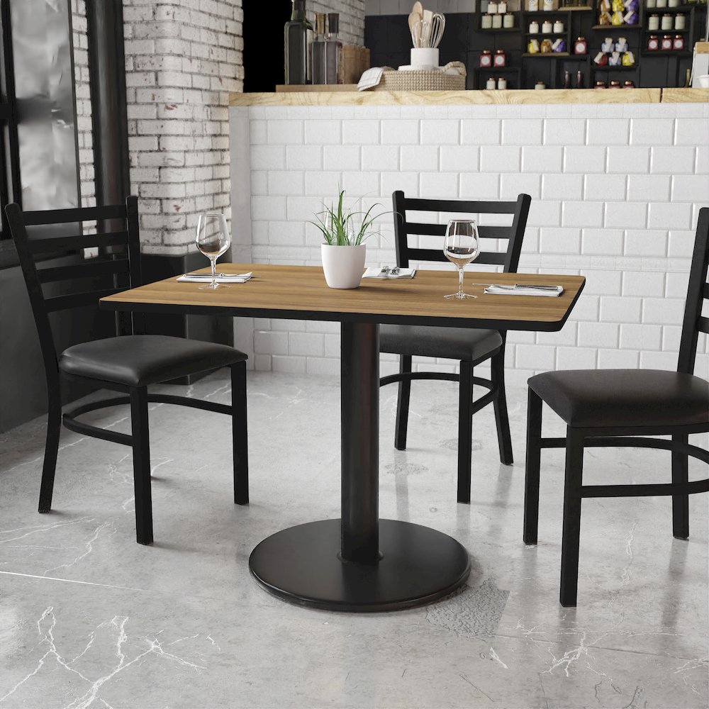 30'' x 42'' Rectangular Walnut Table Top with 24'' Round Table Height Base. Picture 2