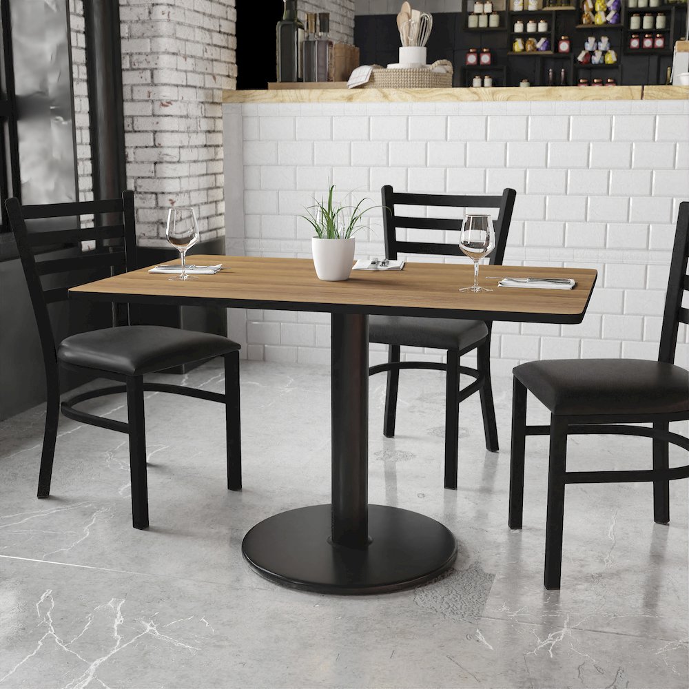 30'' x 48'' Rectangular Walnut Table Top with 24'' Round Table Height Base. Picture 2