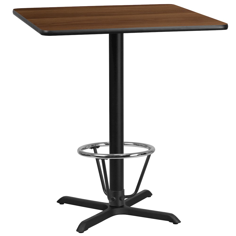 36'' Walnut Table Top with 30'' x 30'' Bar Height Table Base and Foot Ring. Picture 1