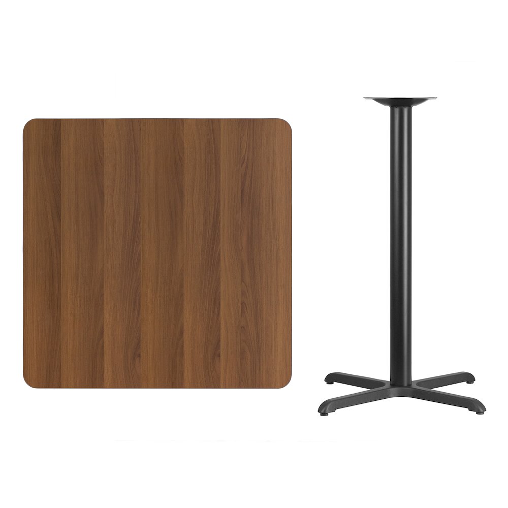 36'' Square Walnut Laminate Table Top with 30'' x 30'' Bar Height Table Base. Picture 2