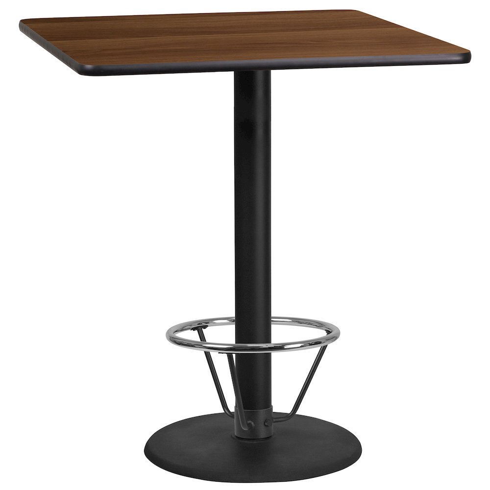 36'' Square Walnut Table Top with 24'' Round Bar Height Table Base and Foot Ring. Picture 1
