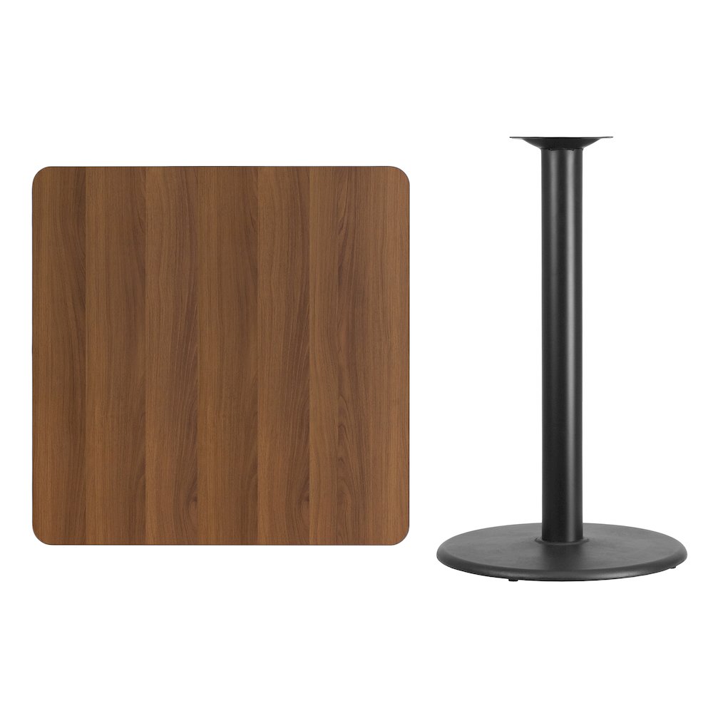 36'' Square Walnut Laminate Table Top with 24'' Round Bar Height Table Base. Picture 4