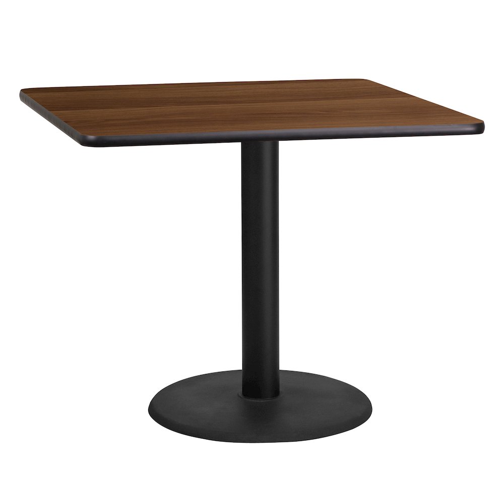 36'' Square Walnut Laminate Table Top with 24'' Round Table Height Base. Picture 1
