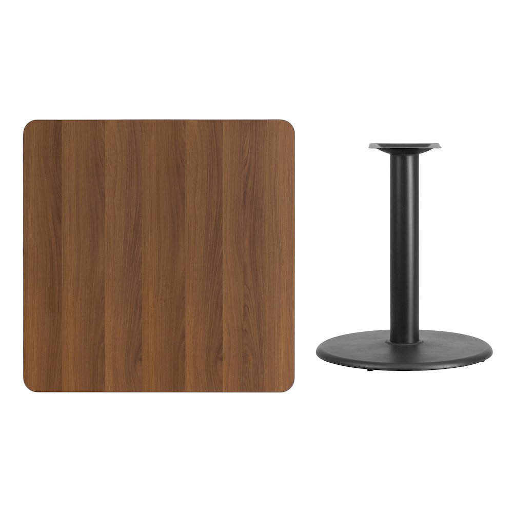36'' Square Walnut Laminate Table Top with 24'' Round Table Height Base. Picture 3