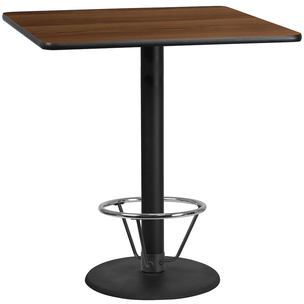 42'' Square Walnut Table Top with 24'' Round Bar Height Table Base and Foot Ring. Picture 1