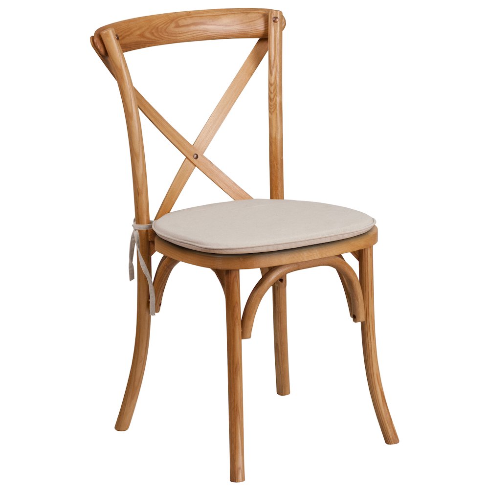 Stackable Oak Wood Cross Back Chair with Cushion. Picture 1