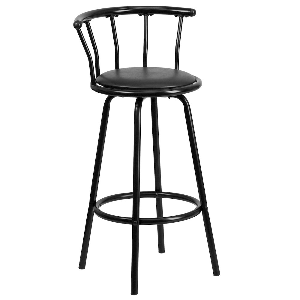 Back Black Metal Barstool with Black Vinyl Swivel Seat. Picture 1