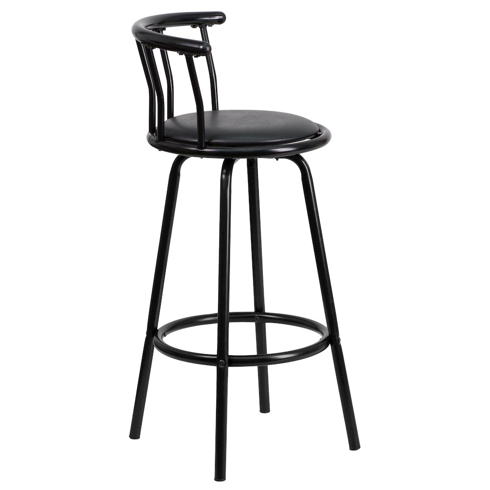 Back Black Metal Barstool with Black Vinyl Swivel Seat. Picture 10