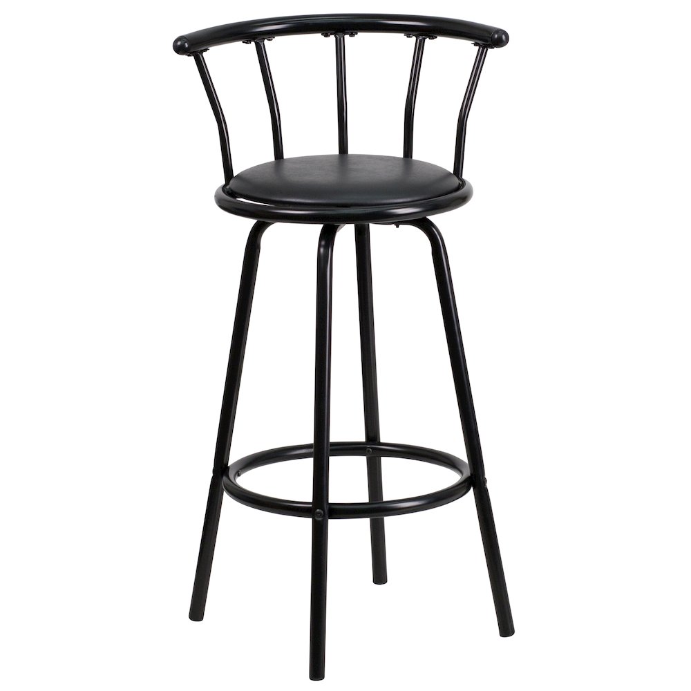 Back Black Metal Barstool with Black Vinyl Swivel Seat. Picture 11