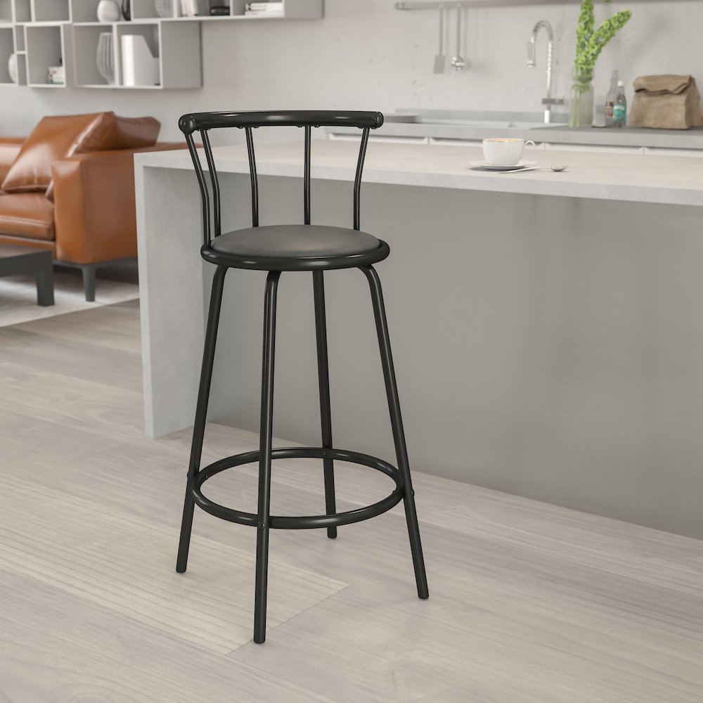Back Black Metal Barstool with Black Vinyl Swivel Seat. Picture 7