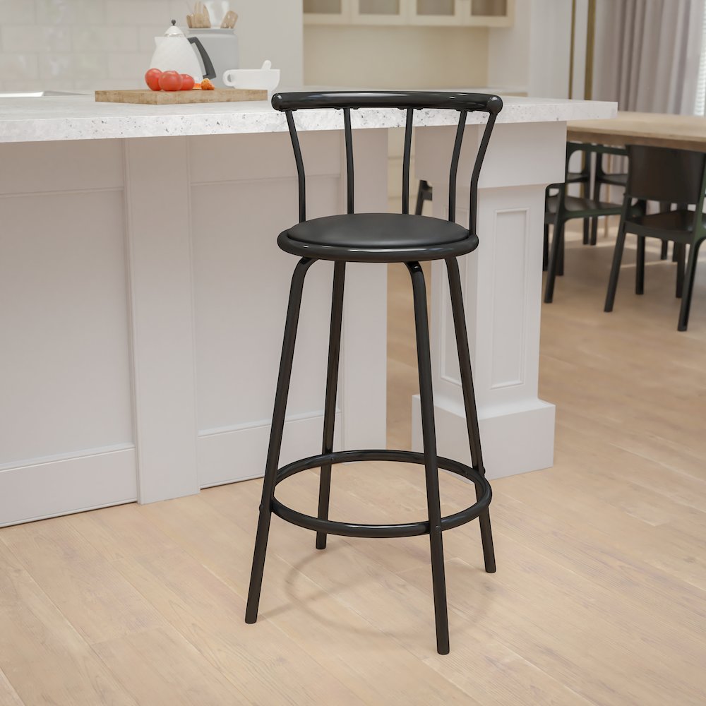 Back Black Metal Barstool with Black Vinyl Swivel Seat. Picture 2