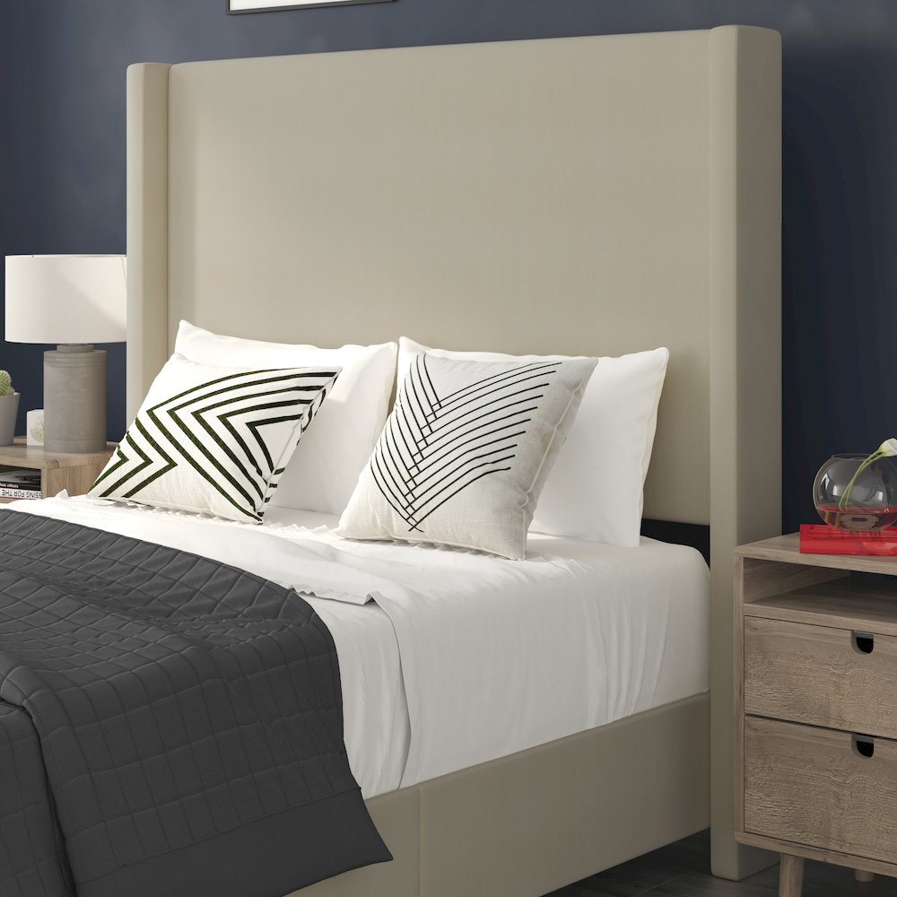 Full Upholstered Platform Bed with Channel Stitched Wingback Headboard, Beige. Picture 7