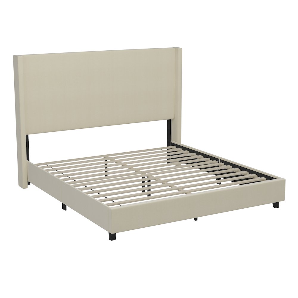 King Upholstered Platform Bed with Channel Stitched Wingback Headboard, Beige. Picture 1