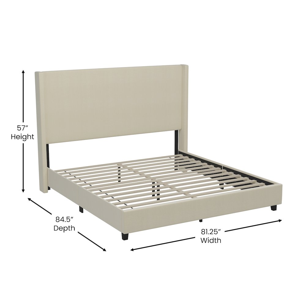 King Upholstered Platform Bed with Channel Stitched Wingback Headboard, Beige. Picture 5