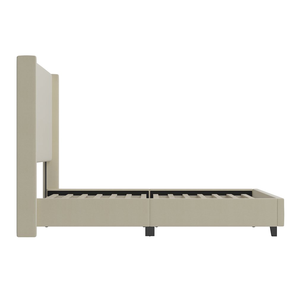 King Upholstered Platform Bed with Channel Stitched Wingback Headboard, Beige. Picture 9