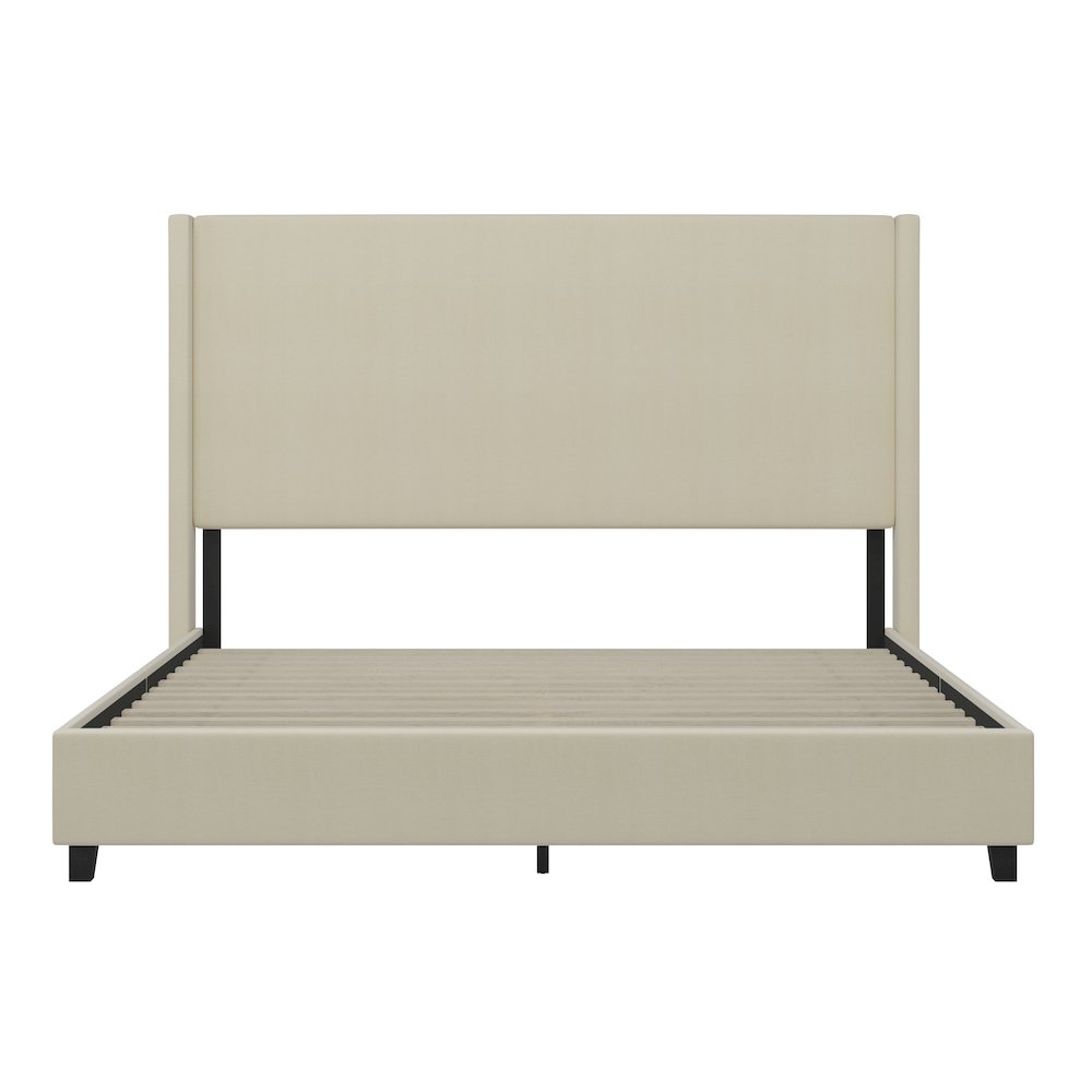 King Upholstered Platform Bed with Channel Stitched Wingback Headboard, Beige. Picture 10