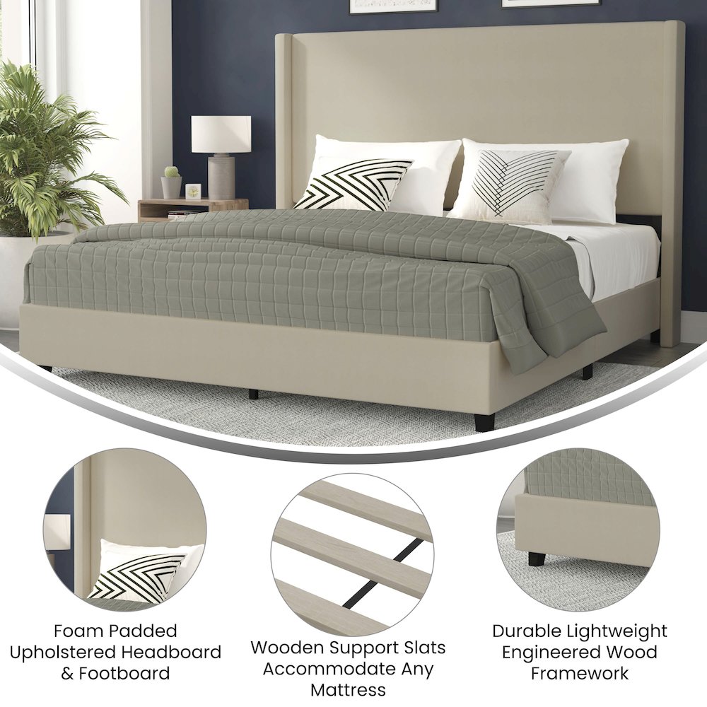 King Upholstered Platform Bed with Channel Stitched Wingback Headboard, Beige. Picture 4
