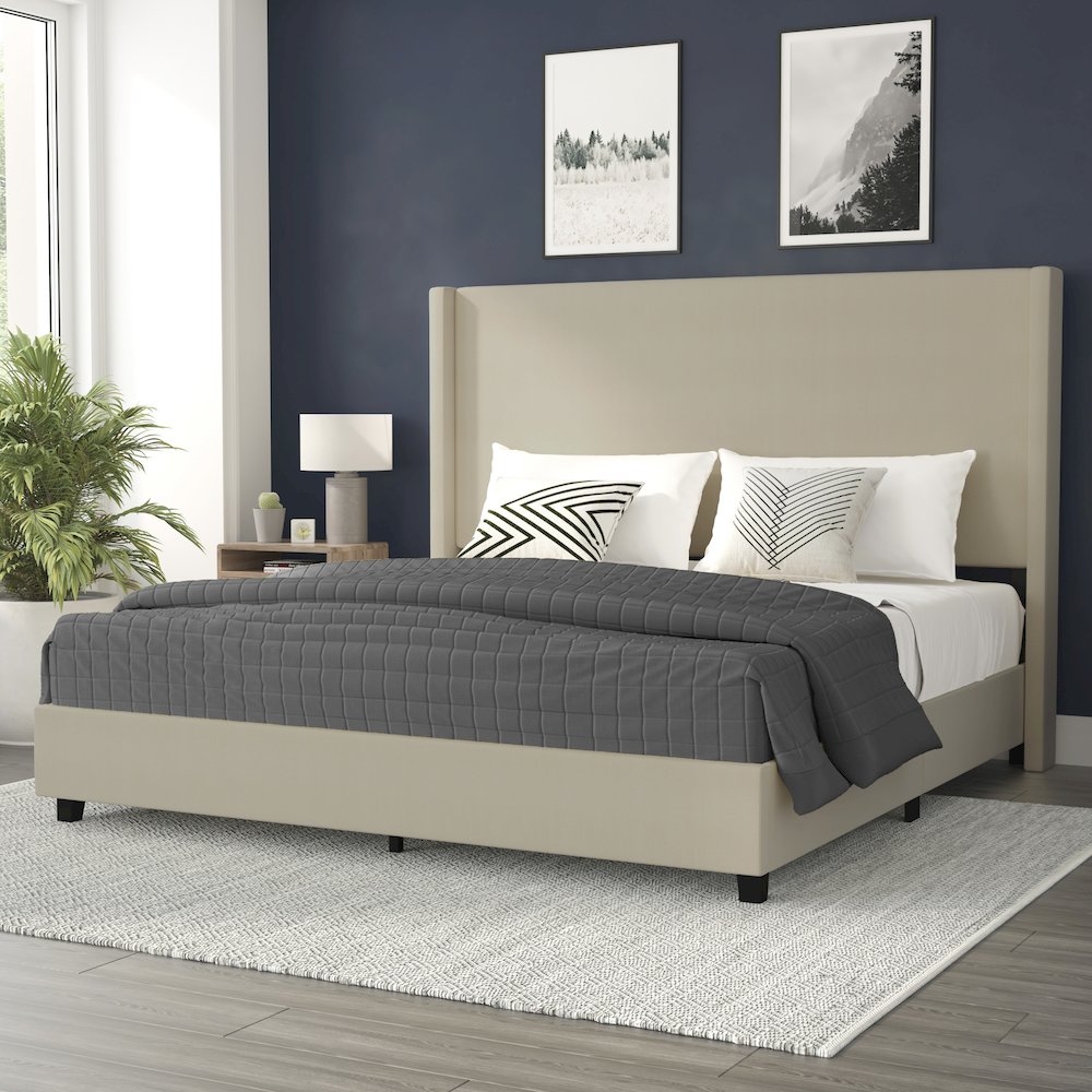 King Upholstered Platform Bed with Channel Stitched Wingback Headboard, Beige. Picture 2