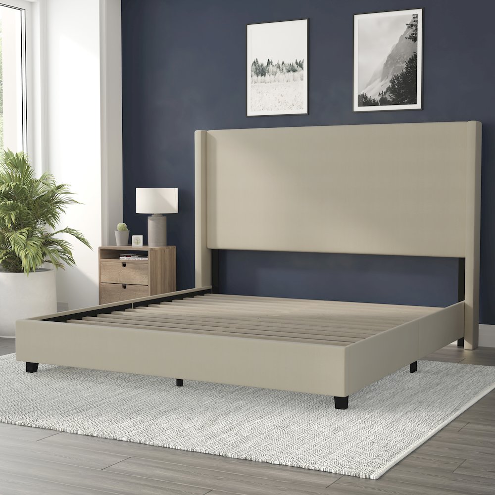 King Upholstered Platform Bed with Channel Stitched Wingback Headboard, Beige. Picture 6