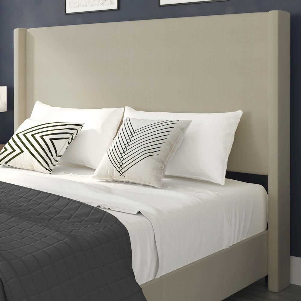 King Upholstered Platform Bed with Channel Stitched Wingback Headboard, Beige. Picture 7