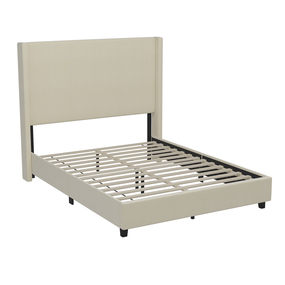 Queen Upholstered Platform Bed with Channel Stitched Wingback Headboard, Beige. Picture 1
