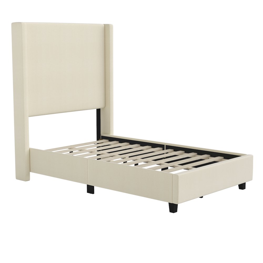 Twin Upholstered Platform Bed with Channel Stitched Wingback Headboard, Beige. Picture 1